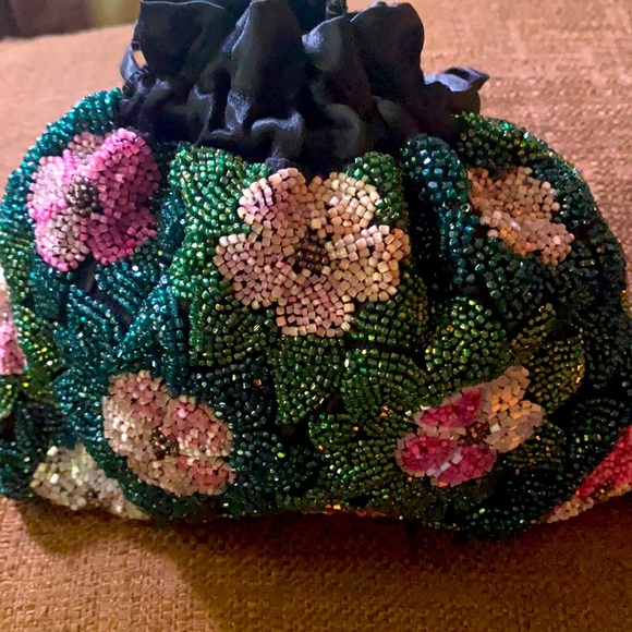 Antique Hand Sewn Pouch Purse Floral Design Beautiful Glass...